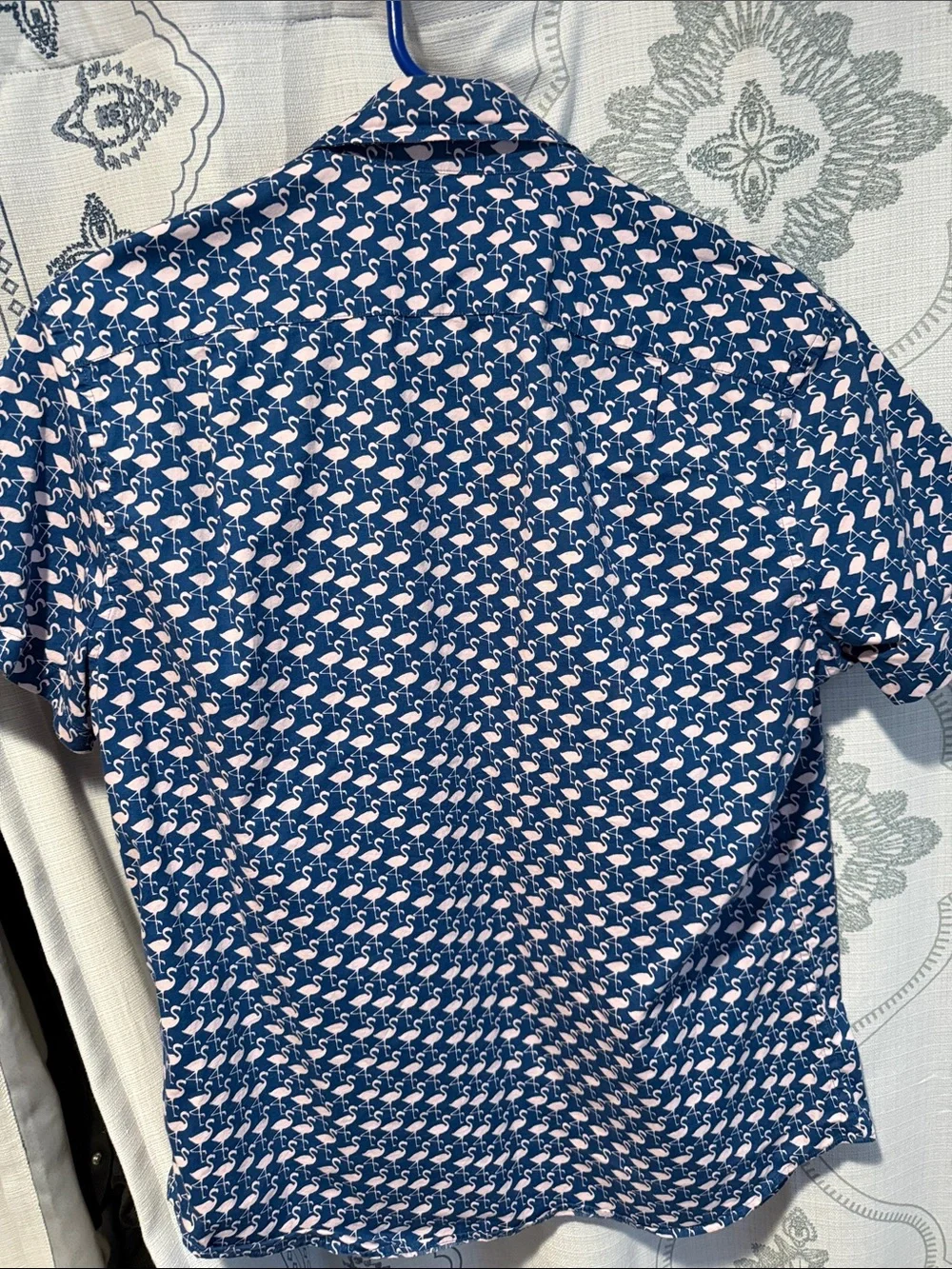 J. Crew Navy Short-Sleeve Button-Down with Pink Flamingo Print